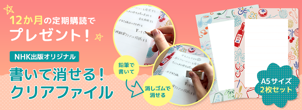 12か月の定期購読でプレゼント！　NHK出版オリジナル　書いて消せる！クリアファイル　A5サイズ2枚セット