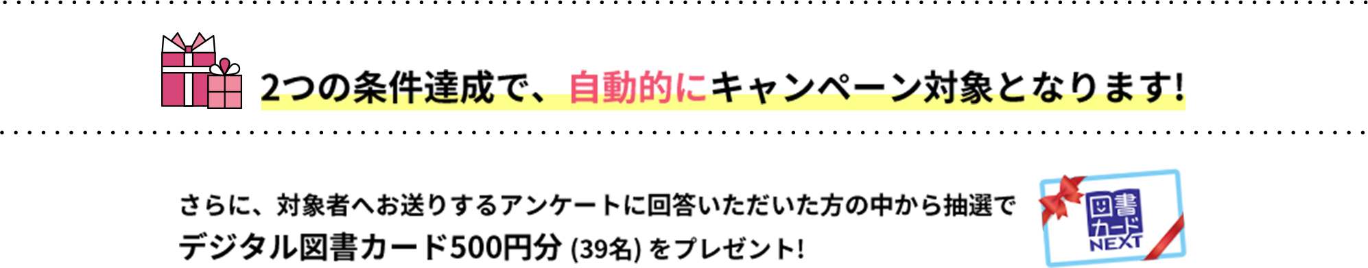 2つの条件達成で、自動的にキャンペーン対象となります！　さらに、対象者へお送りするアンケートに回答いただいた方の中から抽選で デジタル図書カード500円分（39名）をプレゼント！